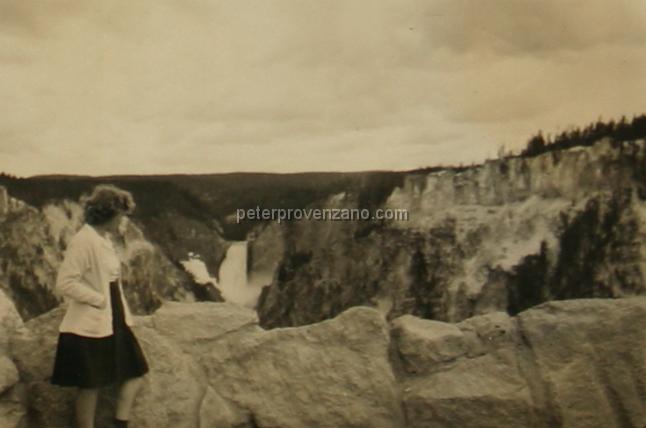 Peter Provenzano Photo Album Image_copy_167.jpg - Unkown woman overlooking the Lower Falls of the Yellowstone River. Yellowstone National Park, 1942.
Peter and Fay Provenzano vacationed at Yellowstone National Park while driving across the United States from Chicago, Illinois to Scramento, California.